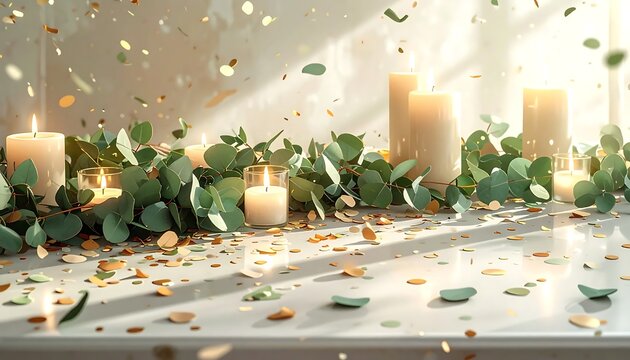 Elegant wedding table centerpiece with eucalyptus leaves candles and falling confetti.