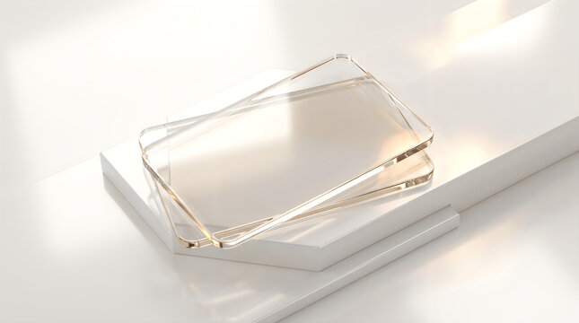 Clear acrylic sheets stacked on white pedestal with soft ambient light and shadow play