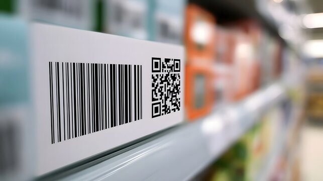 Close up of a barcode and QR code label on a product package in a retail store aisle with blurred background shelves