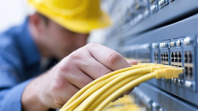 Technician in yellow hard hat connecting yellow ethernet cables to network switch in data center