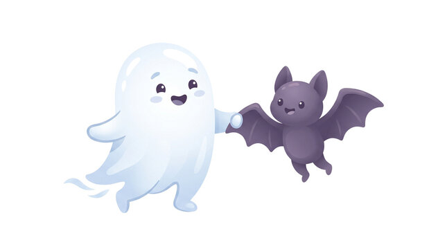 Cute Halloween ghost and bat characters holding hands, friendly white ghost with purple bat illustration, adorable spooky friends on white background