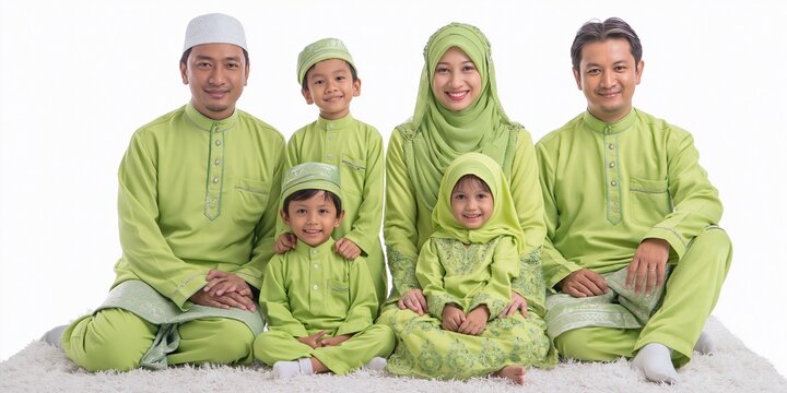 Happy multi-generational Malay family in matching green traditional clothing celebrating an Islamic holiday