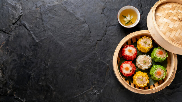 Dim Sum Assortment in Bamboo Steamer with Jasmine Tea