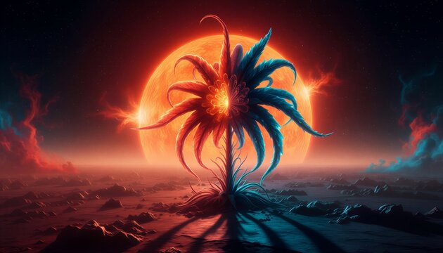 Alien flower on the terminator line of Proxima Centauri b, showing fire and ice contrast under a red sun