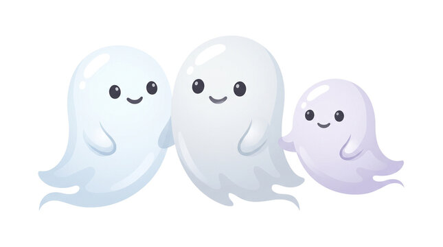 Cute ghost family illustration, friendly white spirits group on white background, adorable cartoon ghosts for Halloween party decor and invitations