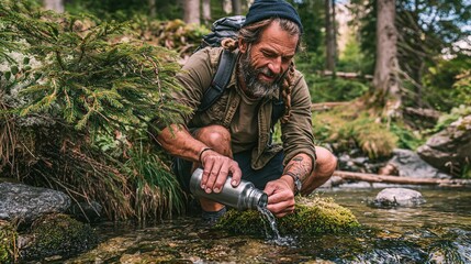 Fototapeta premium Bearded hiker in forest filling reusable water bottle from clear stream during wilderness adventure