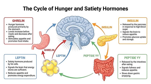 Cycle of hunger and satiety hormones medical chart with hormones, physiology