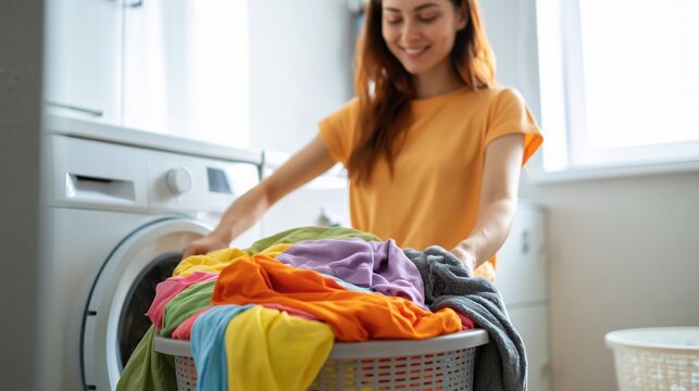Young woman smiling while loading colorful laundry into a washing machine at home, domestic chore