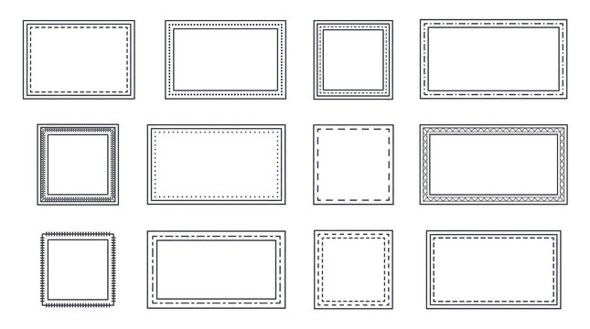 Minimalist decorative border collection, set of 12 black and white rectangular frames, simple geometric line art borders for graphic design