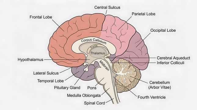 Detailed medical illustration of human brain anatomy with neuroscience, parietal