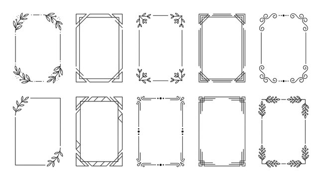 Vintage decorative frames set, elegant black line borders for wedding invitations, 10 minimalist floral and geometric frame elements for graphic design