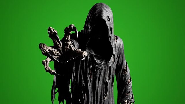 Grim Reaper reaching out on green screen, hooded dark phantom with skeletal hand, spooky cloaked ghost figure for horror movie visual effects