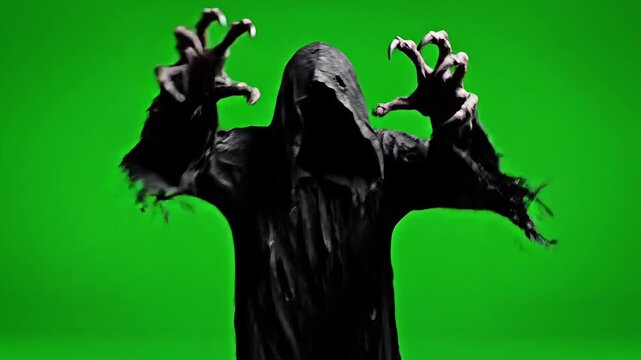 Grim reaper silhouette on green screen, hooded death figure with skeletal claws, scary phantom character for horror movie production