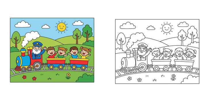 Cute children riding a train with conductor vector illustration and coloring page outline for kids activity worksheet and coloring book.