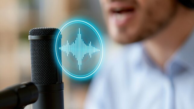 Professional Male Voice Actor Recording Audio in Studio with High Fidelity Microphone and Soundwave Visualization