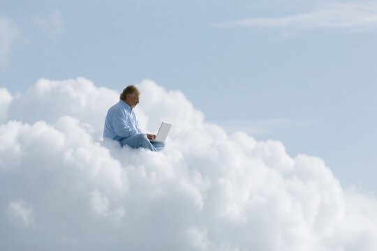Man working on laptop while sitting on a fluffy white cloud in a clear blue sky
