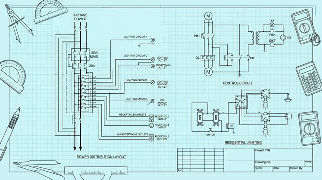 Technical Electrical Engineering Blueprint Diagram with Drafting Tools.