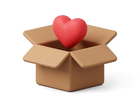 Red heart inside open cardboard delivery box with cardboard delivery shipping valentines