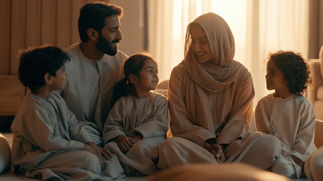 Warm family moment in soft lighting, parents and three children bonding at home