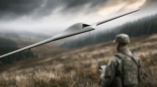 Advanced Stealth Drone Flying Over Grassy Field with Soldier Operator Controlling Remotely