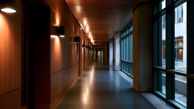 A long corridor inside a modern building with warm wooden walls  recessed lighting  and large on one side