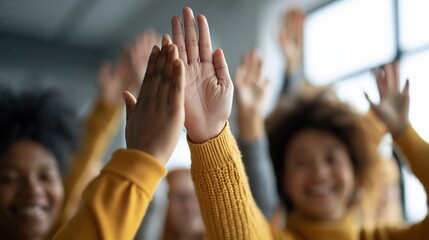 Obraz premium Diverse group of colleagues celebrating success with a high five and smiles, conveying teamwork and achievement in the workplace.