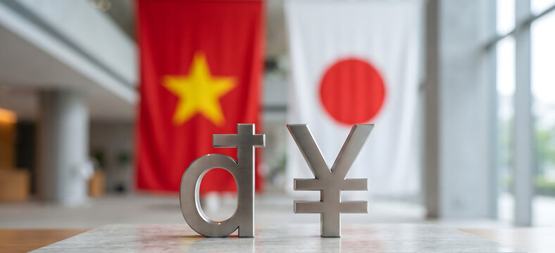vitenam Dong Currency and japanese yen Currency,The Vitenam Flag and japan Flag background.