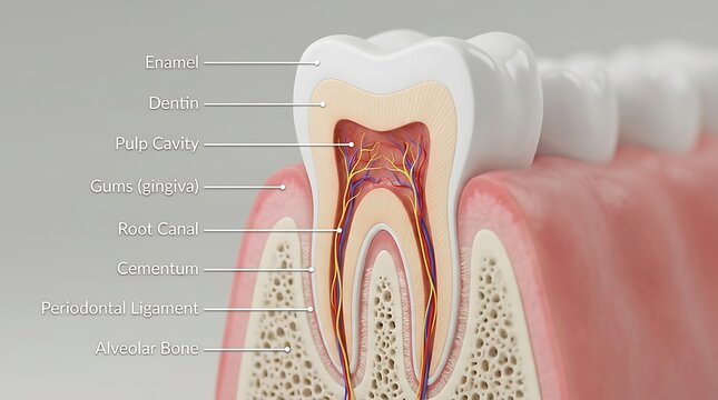Anatomy cross section diagram of human tooth with labeled parts, structure