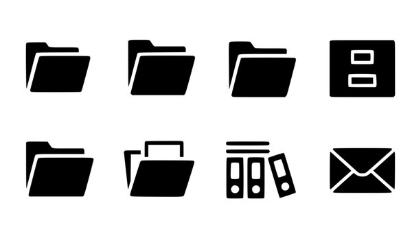 Document folder and file archive icon set featuring open data folders, file cabinet, ring binders, and email envelope silhouette vector illustration.