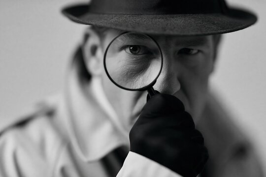 Close-up of a detective in a fedora and trench coat examining with a magnifying glass, noir style