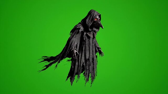 Plague doctor character in tattered black robes, spooky medieval physician with bird mask on green screen, creepy hooded reaper figure for horror film