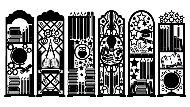 Set of six vertical bookmarks with school and education design elements vector illustration