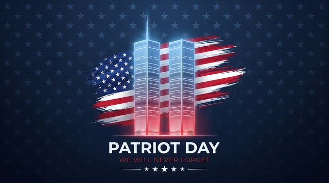 Patriot day memorial graphic featuring glowing twin towers silhouette integrated with the american flag design on a dark blue textured background for remembrance
