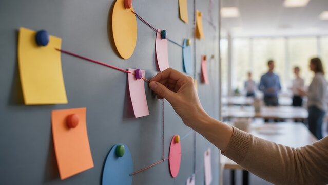Teacher workshop planning wall with blank notes and magnets