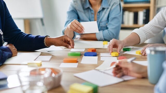 Educators testing hands-on activity with blank cards and blocks