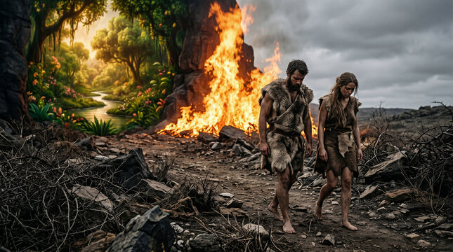 Adam and Eve being expelled from the Garden of Eden, wearing garments of animal skin, walking into a harsh, barren land