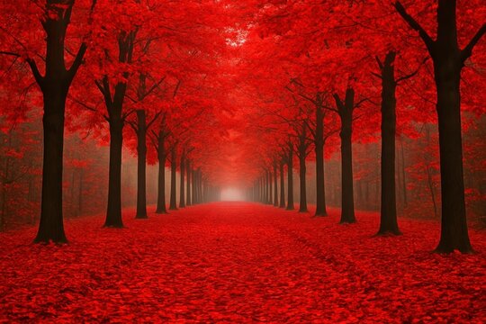 Vibrant red forest pathway background