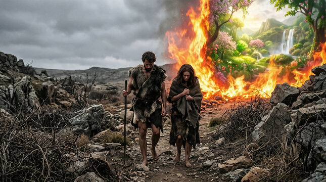Adam and Eve being expelled from the Garden of Eden, wearing garments of animal skin, walking into a harsh, barren land