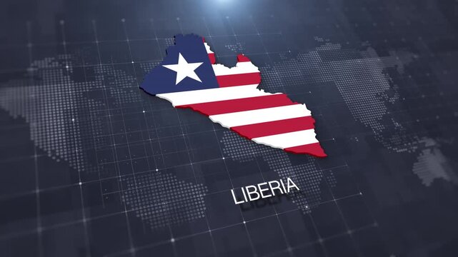 Liberia map with national flag on digital world map background, geographic border, global political and international news concept