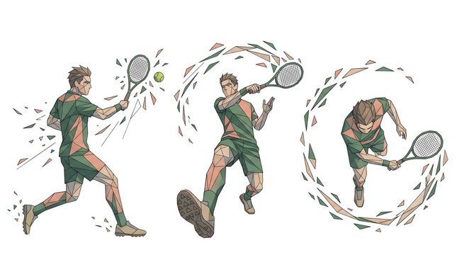 Tennis Player Action Sequence with Racket and Ball Low Poly Geometric Line Art Isolated on Transparent Background