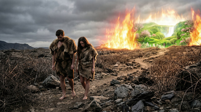 Adam and Eve being expelled from the Garden of Eden, wearing garments of animal skin, walking into a harsh, barren land