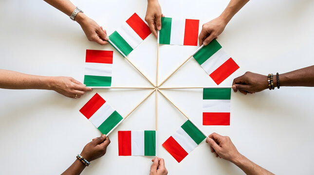 Hands holding multiple italian flags arranged in circle on white surface