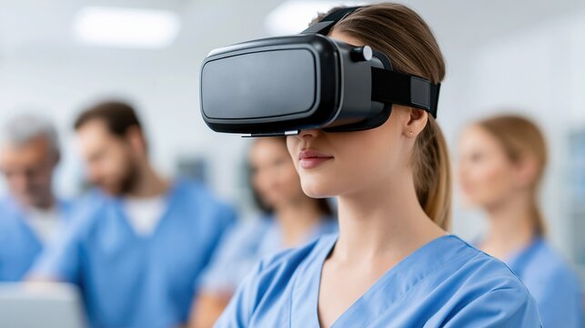 Nurse using virtual reality headset for medical training and simulation in a hospital setting with colleagues