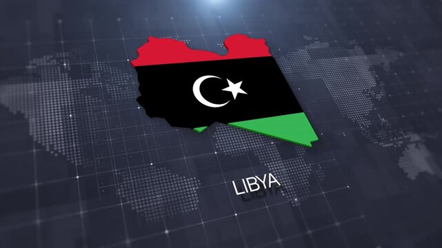 Libya map with national flag on digital world map background, geographic border, global political and international news concept