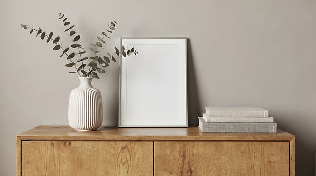 Minimalist Home Decor with a Blank Frame and Eucalyptus in a Vase.