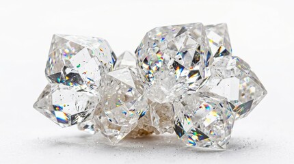 Fototapeta premium Sparkling cluster of raw uncut diamonds showing natural crystal structure and brilliant light refraction on a clean white background