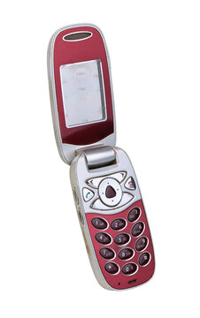 Vintage flip phone isolated on white, retro mobile cell phone.