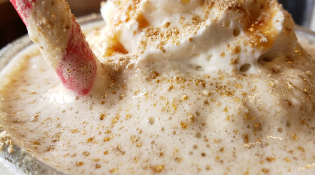 Rich Vanilla Malted Milkshake Topped with Whipped Cream Malt Powder and Caramel Drizzle Close-Up