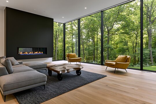 Modern luxury living room with a large black fireplace wall, floortoceiling windows overlooking a forest, leather armchairs, and a live edge wooden coffee table