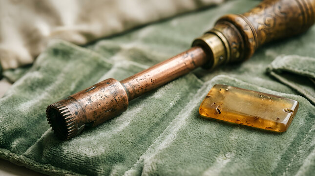 Macro Copper Antique Trepanning Trephine Bit with Blank Amber Case Label on Sage Velvet Surgeon Roll